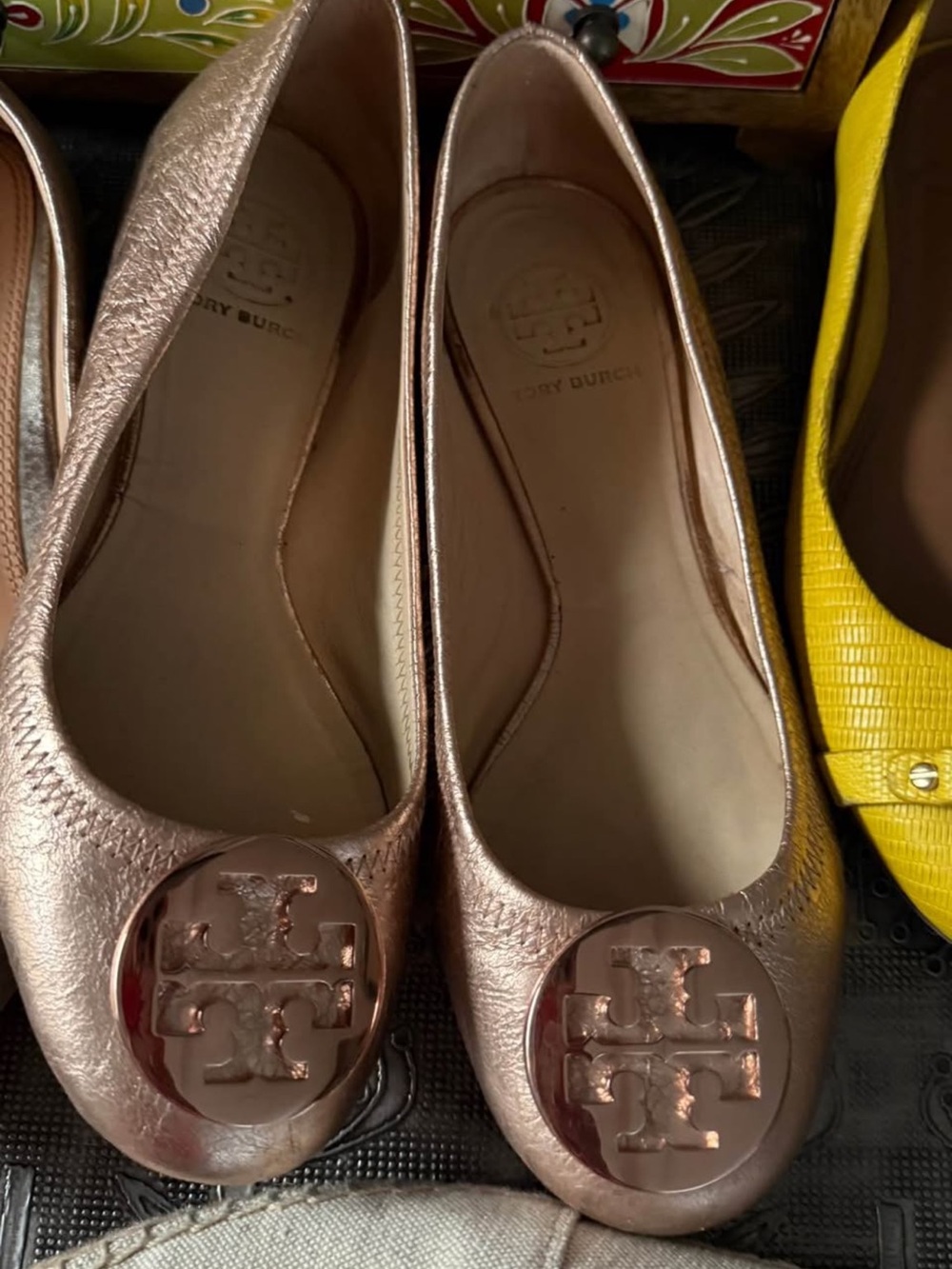 Tory Burch Metallic Rose Ballet Flats with Logo Medallion